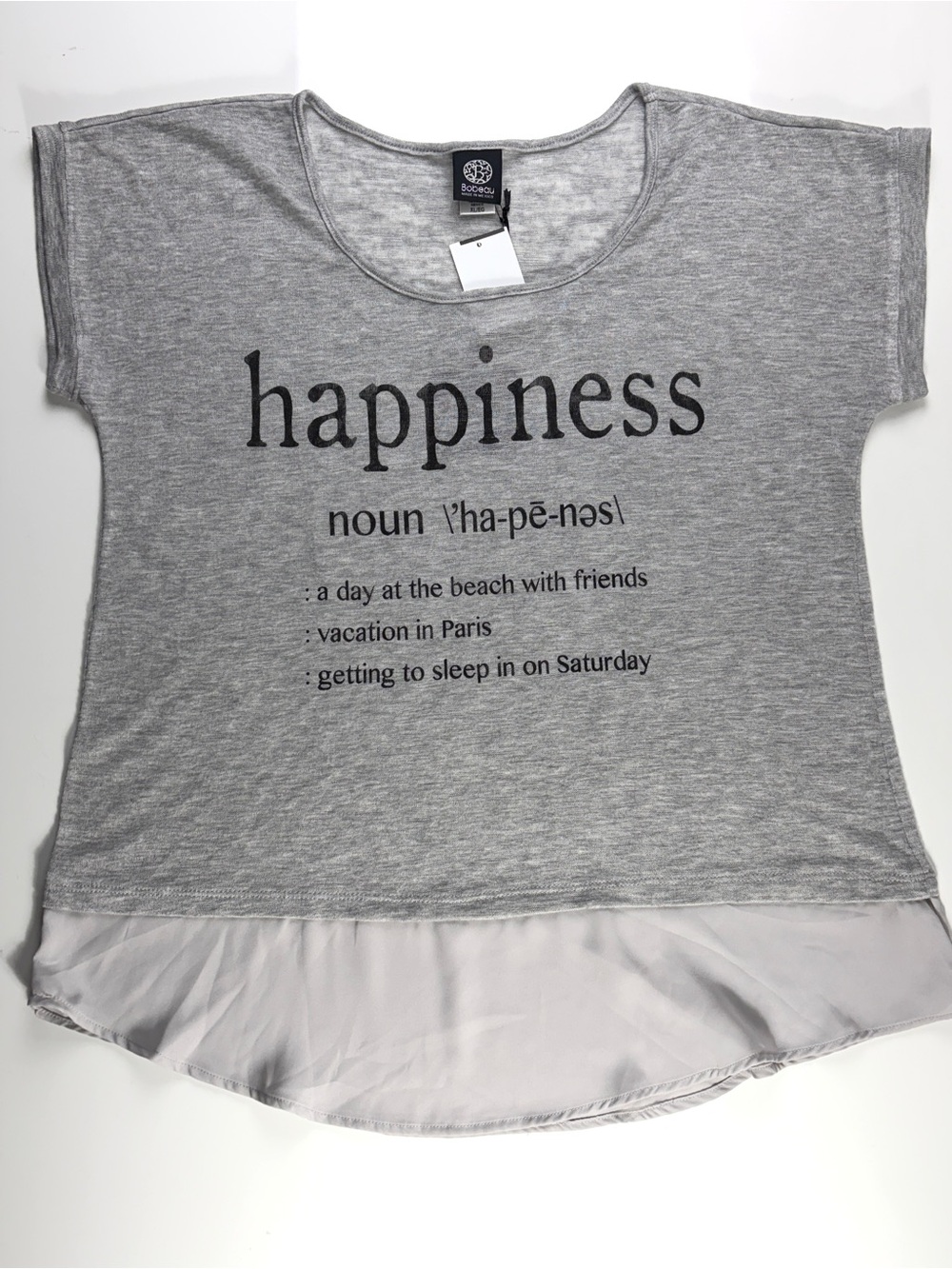 Bobeau Gray “Happiness” Short Sleeve Top w/ Faux Layered Bottom Trim, Sz XL